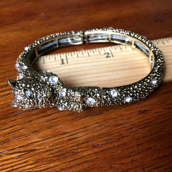 Vtg Exquisite Goldtone Crystal Rhinestone Leopard Hinged Bangle Cuff Bracelet - Picture 10 of 12